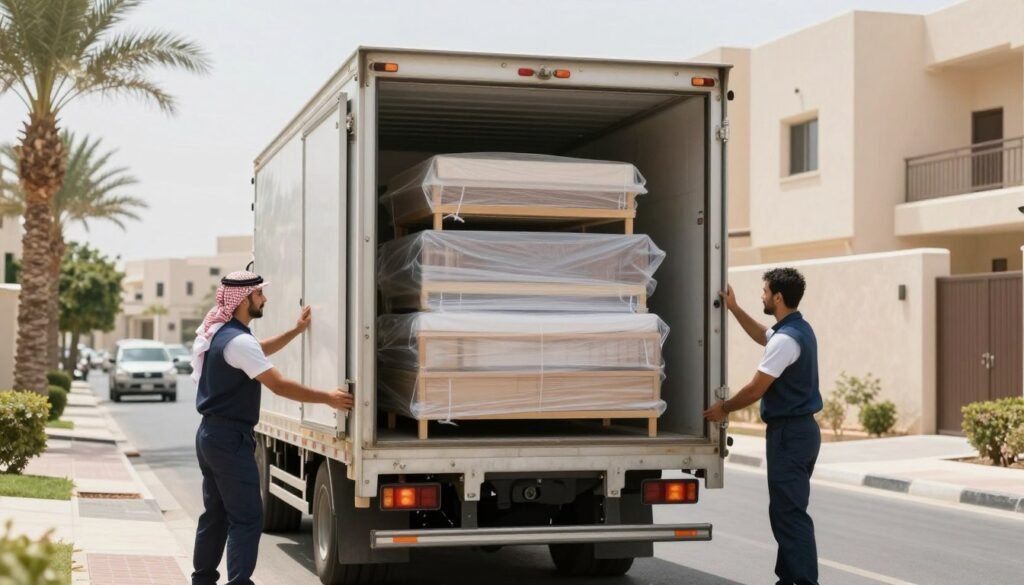 تحميل الأثاث في سيارة نقل داخل الباحة