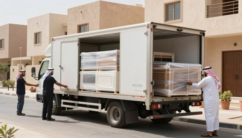 تحميل الأثاث في سيارة نقل عفش بالباحة