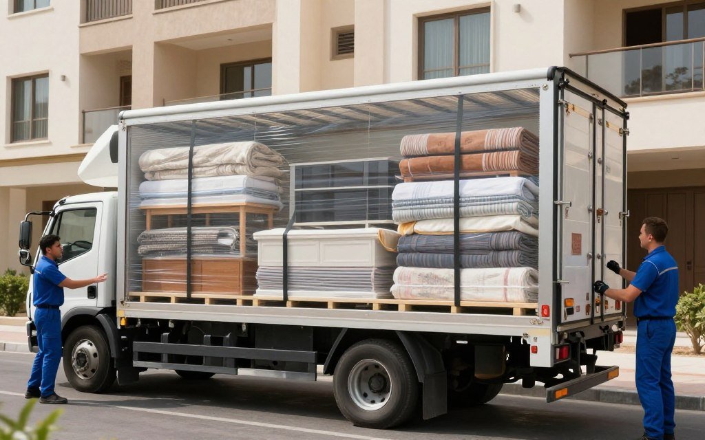 سيارة شركة نقل أثاث محملة بعناية في الرياض