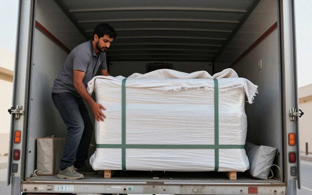 عامل يثبت الأثاث داخل مركبة النقل