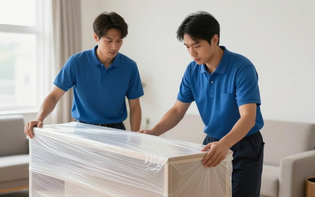 عامل يفحص تغليف الأثاث قبل النقل
