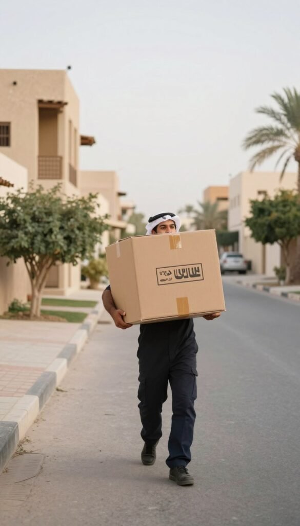 عامل ينقل صندوقًا في حي سكني بالباحة