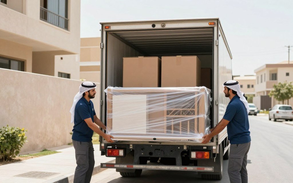 عمال ينقلون الأثاث بعناية إلى سيارة النقل