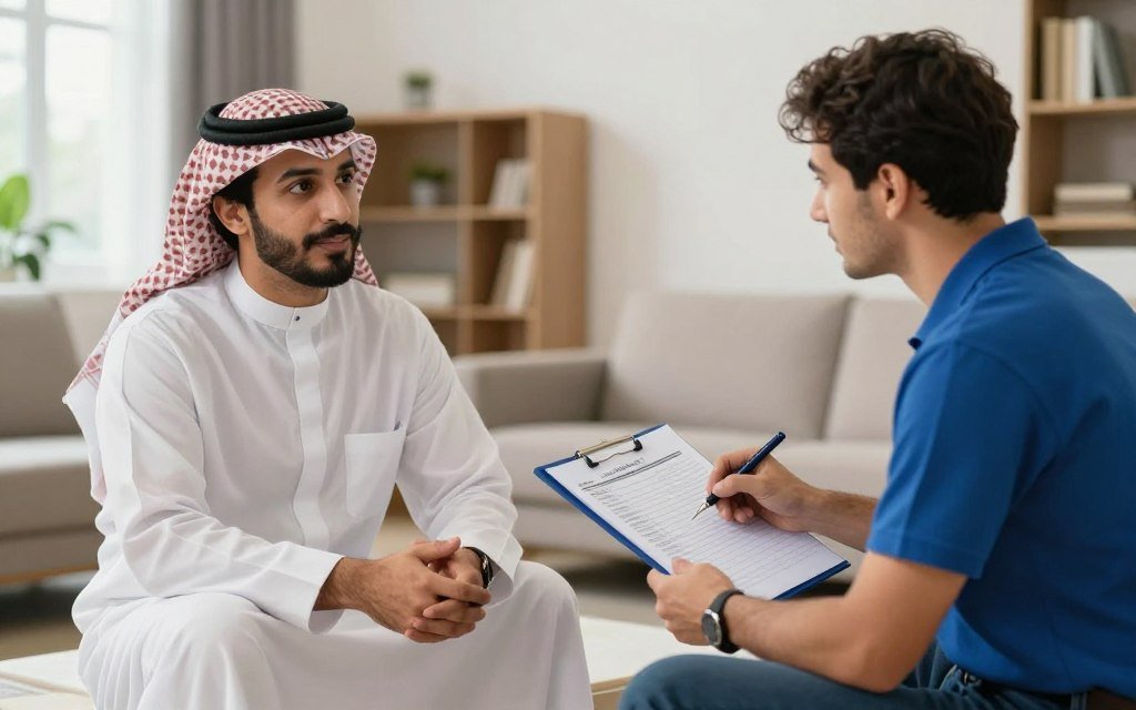 عميل يناقش تفاصيل نقل الأثاث مع شركة نقل في أبها