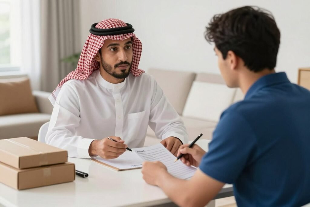 عميل يناقش تفاصيل نقل عفش الباحة مع فريق متخصص