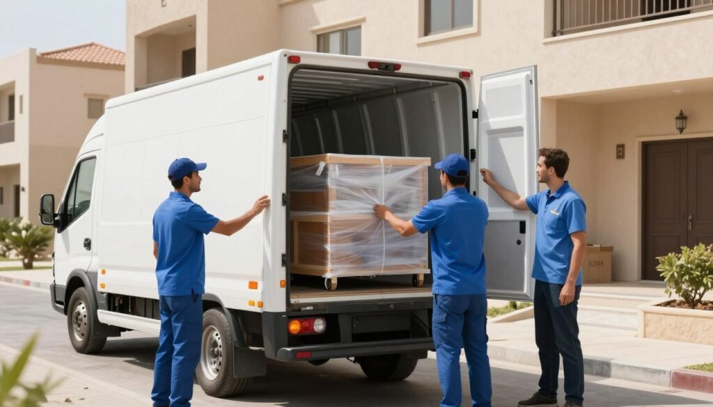 فريق شركة نقل أثاث الباحة أمام منزل في المدينة