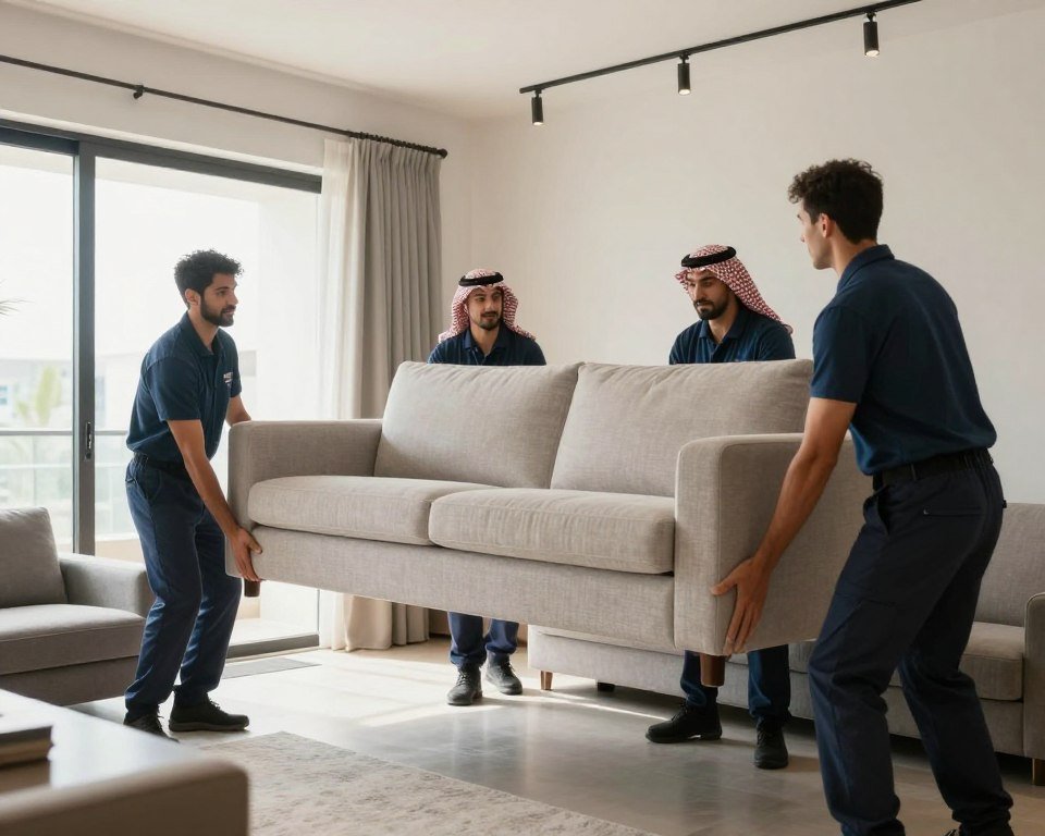 فريق شركة نقل يتعامل مع الأثاث بحذر