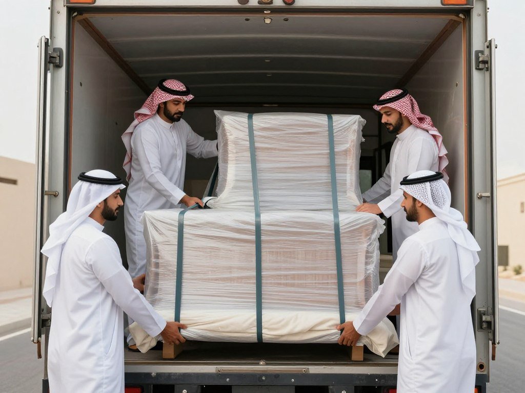 فريق متخصص يثبت الأثاث لحمايته أثناء النقل