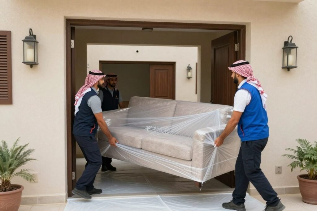 فريق ينقل أريكة بعناية في منزل بالباحة